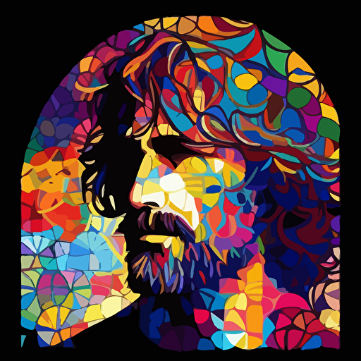vector, shoulder legnth shaggy wavy hair, colorful stained glass background