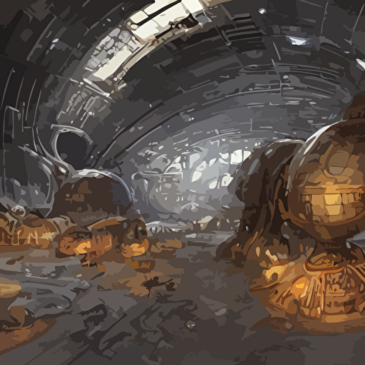 gigantic cave interior bulbous planetarium interior matrix nebuchadnezzar biomechanical gieger 3d rendered steampunk iron smelting pits high tech industrial maschinen krieger warm saturated colours mri machine millennium falcon space station vuutun palaa massive piping inspired nuclear reactor submarine ilm beeple star citizen halo mass effect starship troopers elysium