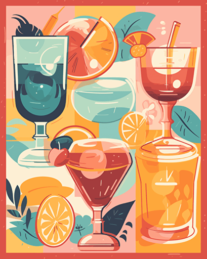 tropical cocktail, retro aesthetics, vector image, sticker design, pantone color scheme: 12-1706 TCX, 12-0824 TCX, 15-0146 TCX, 15-1164 TCX, 16-6340 TCX, 17-4247 TCX, 18-2043 TCX, 19-6026 TCX. The final piece should exude a warm, holiday-like ambiance.