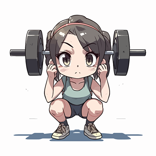 sweating anime girl wearing sbd gear doing squatting exercices, eight plate on bar, facial expression displayed a strained expression, three quarter shot, high intensity training, smart composition to centralize the scene and give a sens of depth to te picture, no background