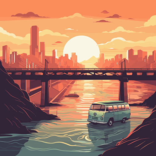 Minimalistic, Vector volkswagen bus T2 1978, Pop art deco noveau, flat 2d vector design, pastels, landscape art, city skyline with rivers and bridges and rolling hills, sunrise, volumetric, Natural color scheme, Digital art, Flat, Opaque colors, Octane render, Volumetric lighting, Clean linework, Muted color palette, Hard shadows, Kilian Eng,