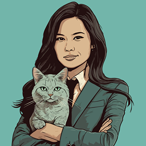 vector art style, 28 year old asian female executive, holding a cat, in the style of Michael Parks