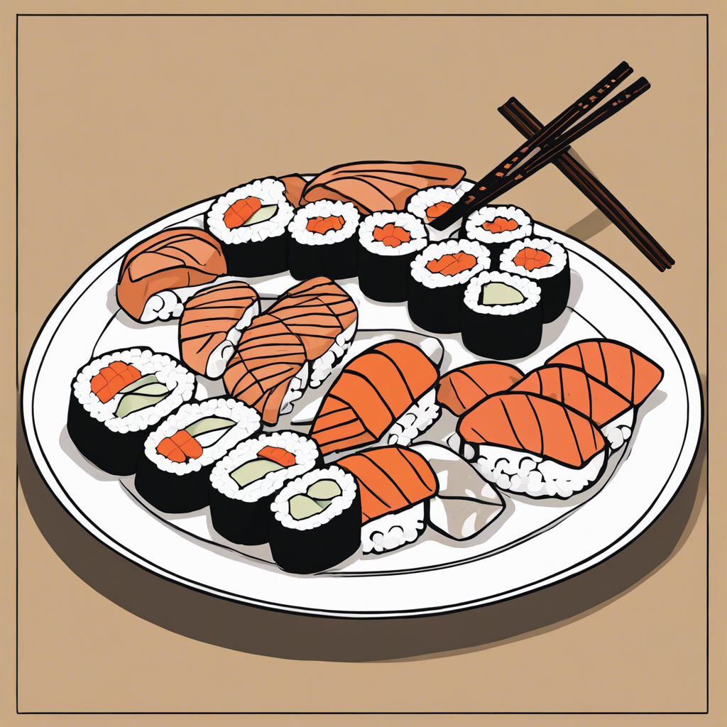 Fresh sushi platter with chopsticks, illustration in the style of Matt Blease, illustration, flat, simple, vector