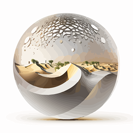 mirror ball reflecting a desert landscape in a white space, cell shaded, vector art