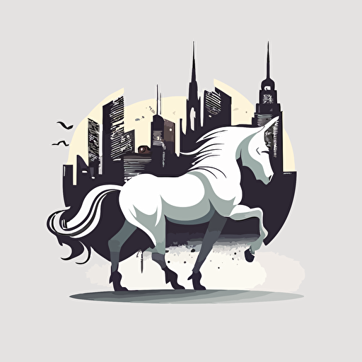unicorn walking through the bad part of the city, vector logo, vector art, emblem, simple cartoon, 2d, no text, white background