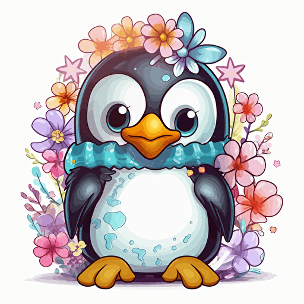 lucky penguin, flowers, detailed, cartoon style, 2d clipart vector, creative and imaginative, hd, white background