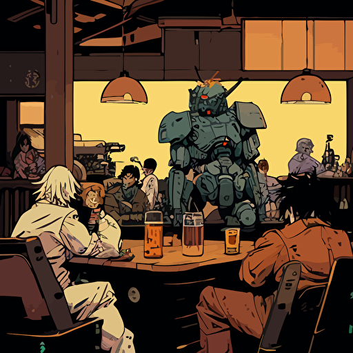 a rennaissance era pub with men sitting around a table sprawled out drinking and having good time, style of geof darrow, vector, fine line, 80s style robotech anime, flat color, 80's anime coloring, dark