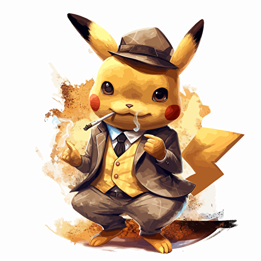sophisticated pikachu in a business suit, smoking a big cigar, vector art, 2d, white background
