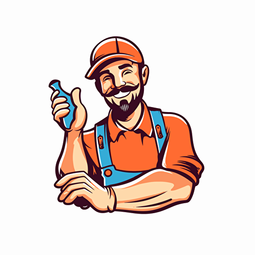 logo, handyman with a raised arm holding a tool, simple, minimalist, vector, cartoon, white background, vibrant style, happy man