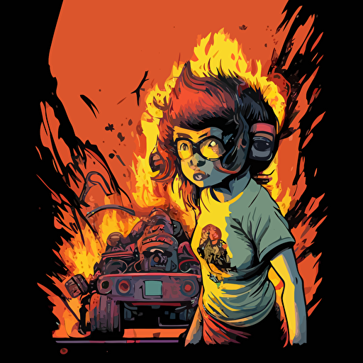 :Monkey discovers fire. A human-machine hybrid leans over her, smiling sardonically.. Vector illustration, 80s hip hop style of Katsuhiro Otomo