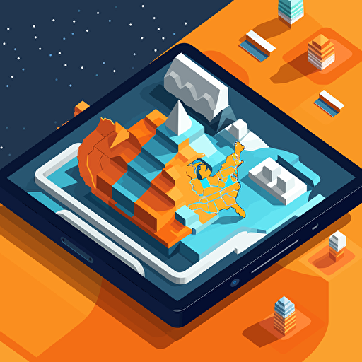 flat vector icon, ruggedized tablet ontop of a map of the united states, blue and orange and white and dark gray, isometric