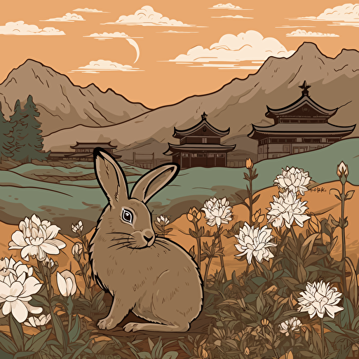 vector art of a brown rabbit in a field of wild chrysanthemums with mountains and a rustic chinese village in the background