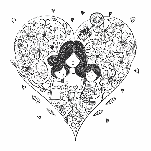vector motherday children flower love heart black and white minimalist simple clear line draw
