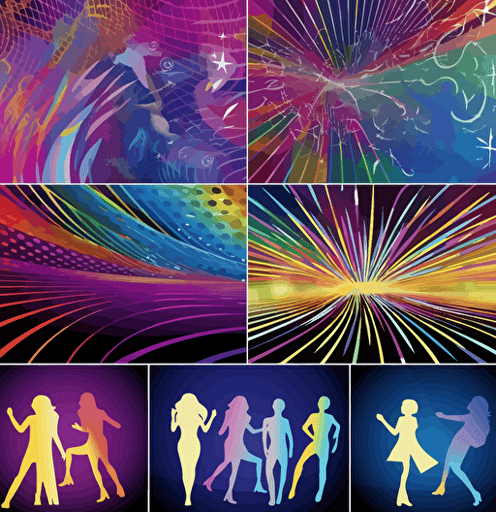 a set of vector background images for people in the disco, in the style of meticulous line work, firecore, ferrania p30, stockphoto, gloomcore, white background, party kei