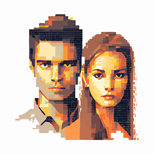 Vector illustration, a male and female couple, a cat raised together, pixelated style is preferred.