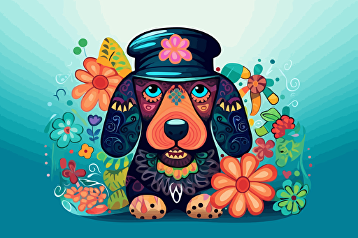 cute cartoon dachshund dressed as a policeman::10 doodle colored pencil painting folk art::7 fantasy::2 sparklecore::3 vibrant vector illustration clip art white background::5
