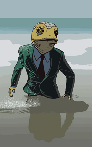 flat vector illustration by frank quitely of a humanoid anthropomorphic gecko wearing a suit in the sea breaking the surface coming up to breathe