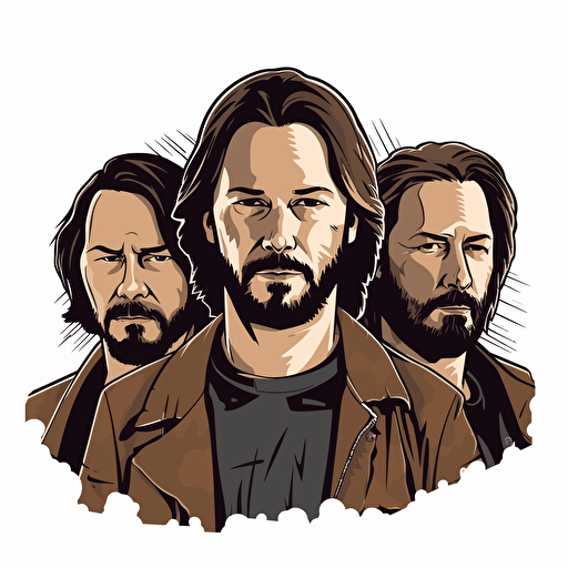 three heads of jeanu reeves next to one another on a white background. far left is a yound keanu middle head he is middle age and in the right one he is older. make them in the style of a vector illustration