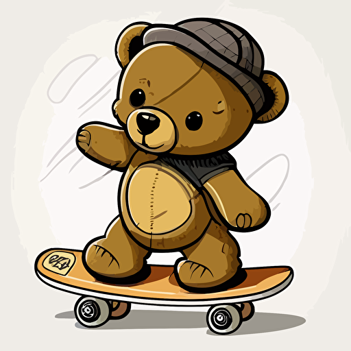 teddy bear riding a skate board, vector, illustration, full color, hd, cartoon, contour, white background, simple illustration