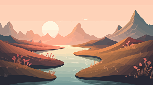 multiple walking paths leading to the horizon in a landscape with a mountain and a lake. vector illustration.