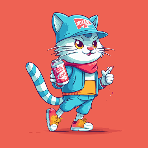 a vector cartoon cat wearing a birthday hat, wearing running shoes, and drinking a canned drink