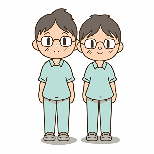 parents, standing back to back but facing the camera. both are smiling. white background. cute, cartoonish, vector, manga