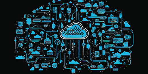 vector minimalistic illustration, networking cloud electronic board IoT internet of things embedded systems, all connected, light blue and black,