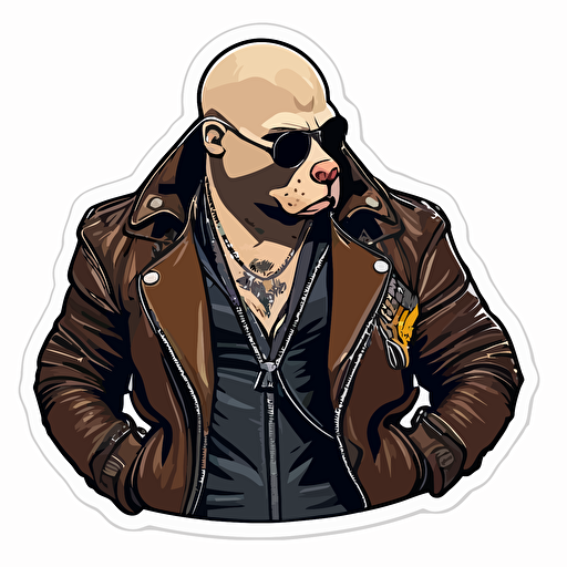 pitbull in biker jacket, mike mignola style, white background, vector, full detailed sticker