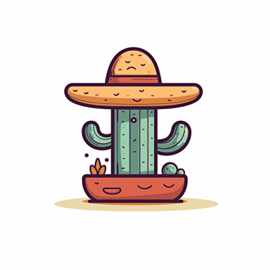 Cactus Comic, mexican Hat, mexican colors, colorful, comic vector illustration style, flat design , minimalist logo, minimalist icon, flat icon, adobe illustrator, cute, white background, simple