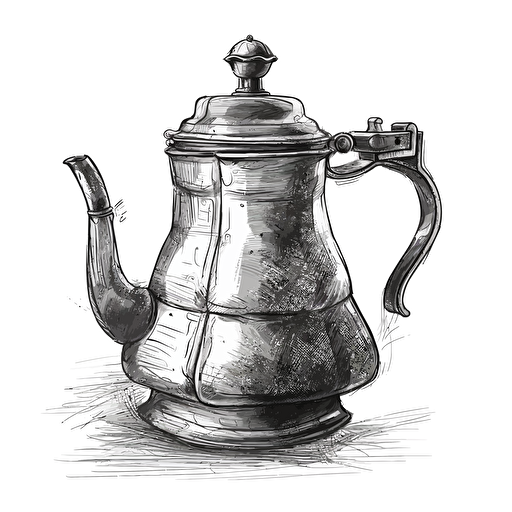 coffee pot, vectorized 2d design, rough sketch, black and white