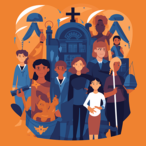 flat vector stylized illustration of children being defended by lawyers, youth justice, hopeful, surrounded by symbols of the law,