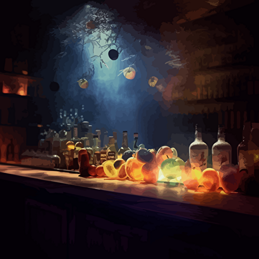 one juicy fruit at the bar counter, analog, smoky, distorted, abstract, fantasy scene, dimmed lights, depth of field, rough, textured, grainy surface, dusty, vector, colour areas