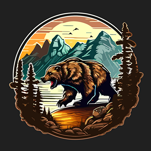 A_coin_emblem_logo_for_a_angry_bear:: mountains in the background, code style, color, vector