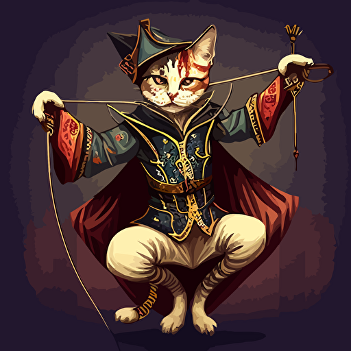 Cat humanoid trapeze artist, circus jester outfit, age is early 20's, holding daggers, vector, high definition