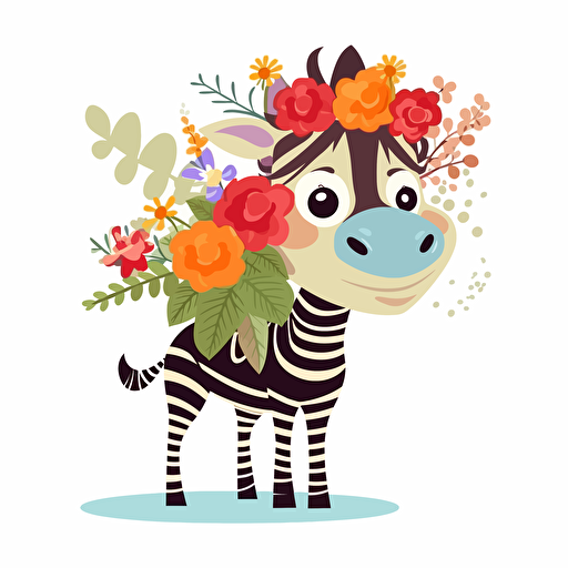 zebra with flowers, cartoon style, 2d clipart vector, creative and imaginative, hd, white background