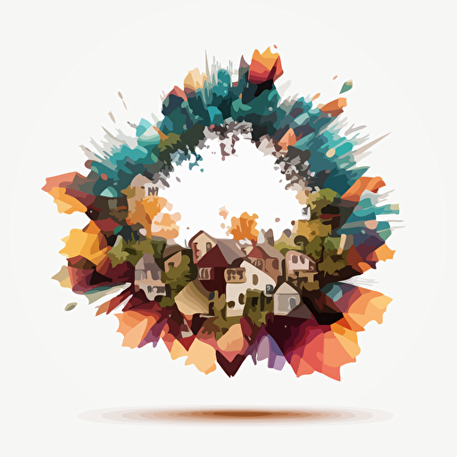 a transparent geometric shape exploding with a small town inside. Nature is represented. Vector styling. Very colored. white background without shadow.