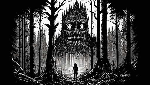 hidden small monster in big forest, sketch, illustrations, hd, fantasy, witcher style, black and white, vector