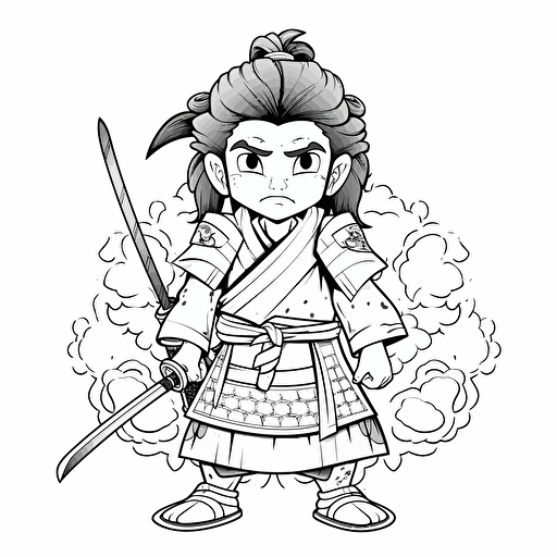 japanese samurai ignorant style No Shadow. Cartoon. Coloring page. Vector. Simple.