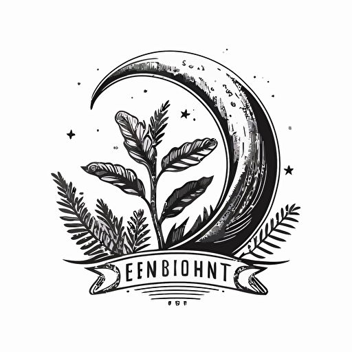 A logo for a bookstore with crescent moon and a plant , extreme simplify design sketch, symbol , vector style, on a plain white background