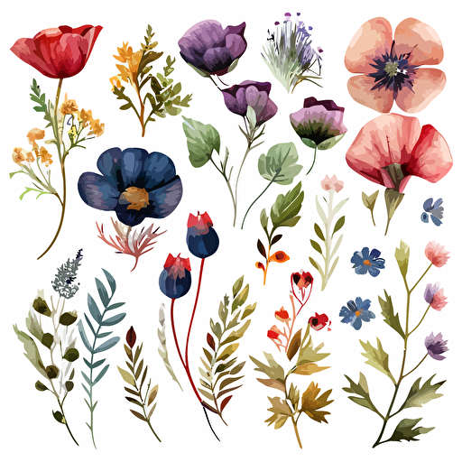 hand painted watercolor clip art of wild flowers, vector image