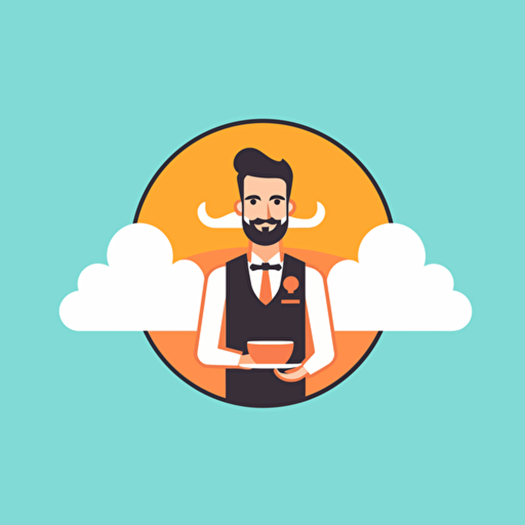 logo of pedantic waiter in cloud, flat 2d, vector, minimalist, simple, warm colors, square with rounded corners, dribbble and behance inspired