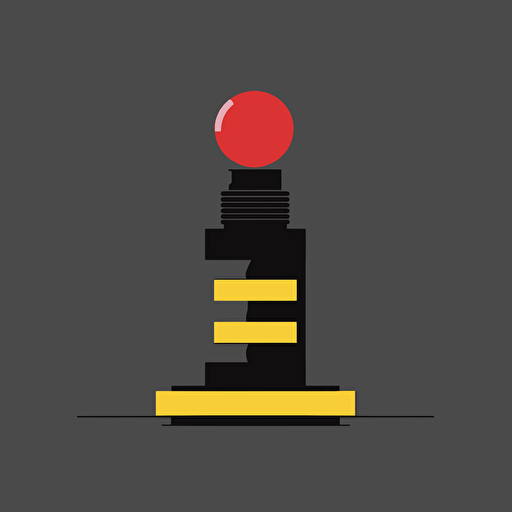 Create a minimalist and cool 8-bit arcade joystick illustration using negative space. The design should be flat and utilize black, yellow, and red colors. The joystick should be recognizable and angled slightly, with a red button on the top and a black device on the back. The illustration should be simple but have enough detail for viewers to recognize the device. The design should be created in a vector format for scalability and should be suitable for use in various applications such as logos, branding materials, and promotional items.