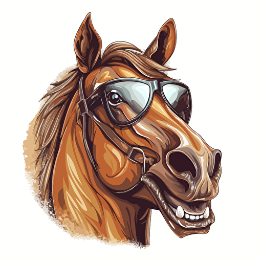 cool horse head wearing dark sunglasses and smiling with a very happy attitude , higly detailed vector, white background