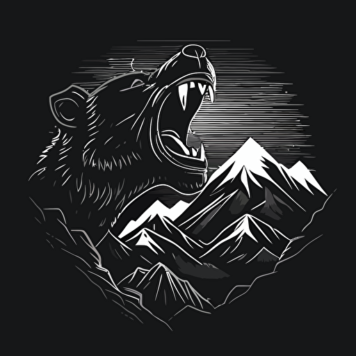 An emblem logo for a angry bear::mountains in the background, simple, black and white, vector