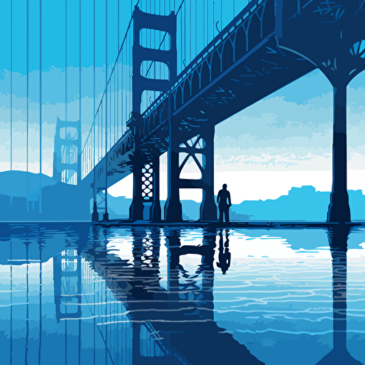 vector art colorful, playful and cartoony, san francisco golden gate bridge, 2 colors, blue shadows , 2d, contrasty shadows, silhouette