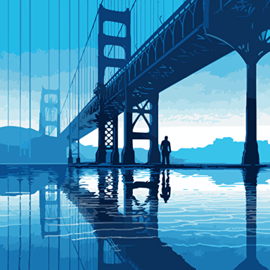vector art colorful, playful and cartoony, san francisco golden gate bridge, 2 colors, blue shadows , 2d, contrasty shadows, silhouette