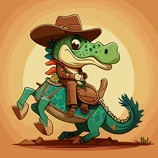 eligator in cowboy style sittin on running horse, cartoon style in decoit, pop colors, vector art