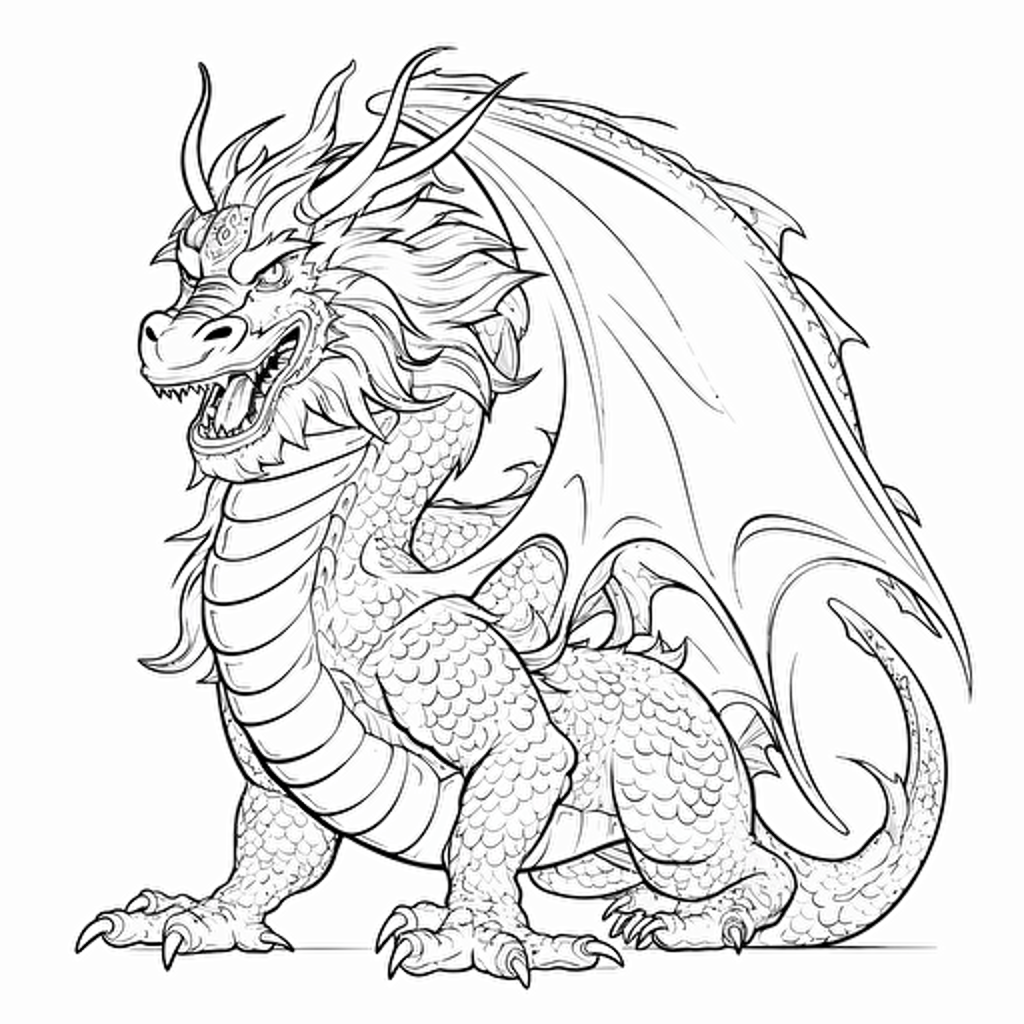 DND Fantasy. Japanese Style dragon. No Shadow. Cartoon. Coloring page. Vector. Simple.