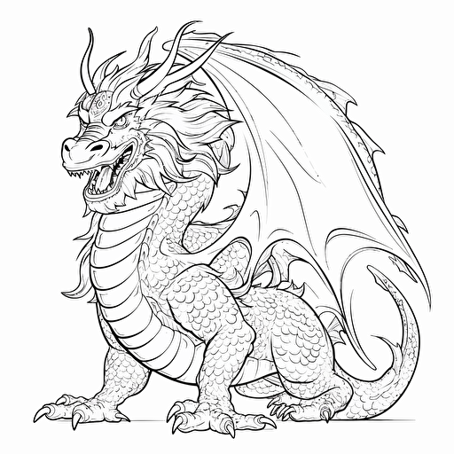 DND Fantasy. Japanese Style dragon. No Shadow. Cartoon. Coloring page. Vector. Simple.