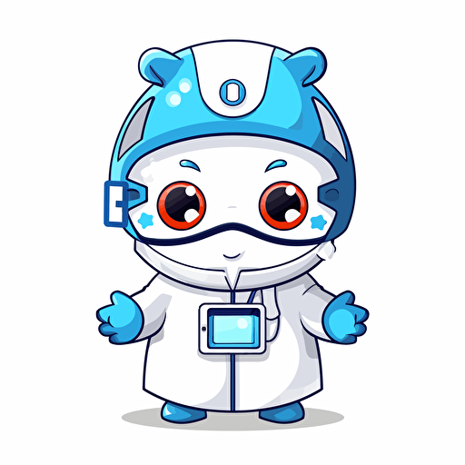 cute mascot logo face only of a doctor wearing facemask and holding a cellular phone, vector, white and blue